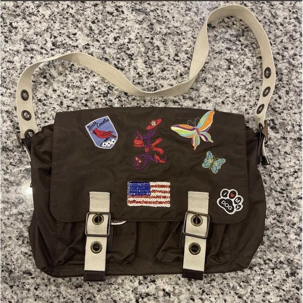 Gap Messenger Shoulder Brown Adjustable Strap W/ Patches Travel Retro Bag 16x13